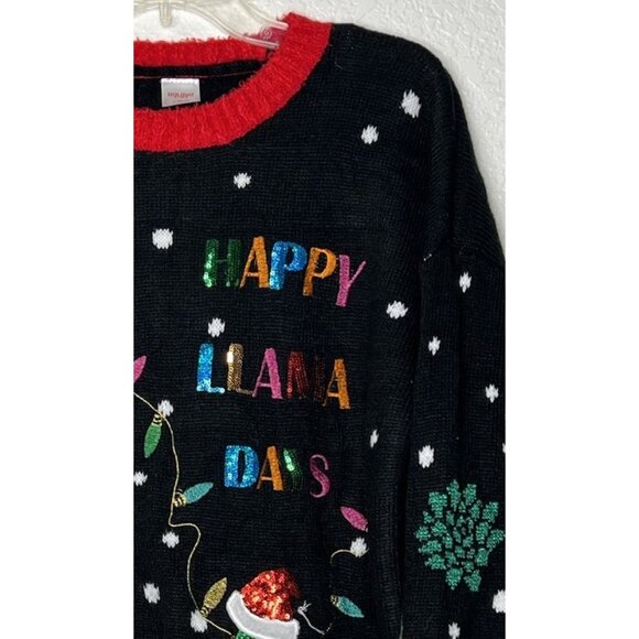 Christmas Sweater “Ugly” Llama Sz L (12-14) Black Sequins Cactus Stretchy - Picture 2 of 10